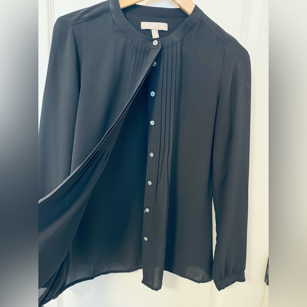 Banana Republic Black Semi Sheer Pleated Button Up Long Sleeve Blouse XS